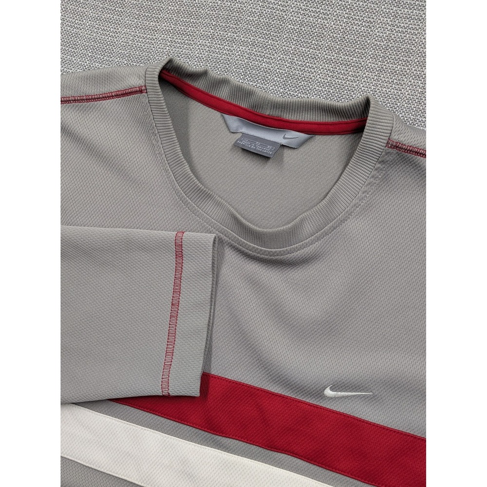 Nike Shirt Mens XL Gray Long Sleeve Red White Stripe Swoosh Crew Performance